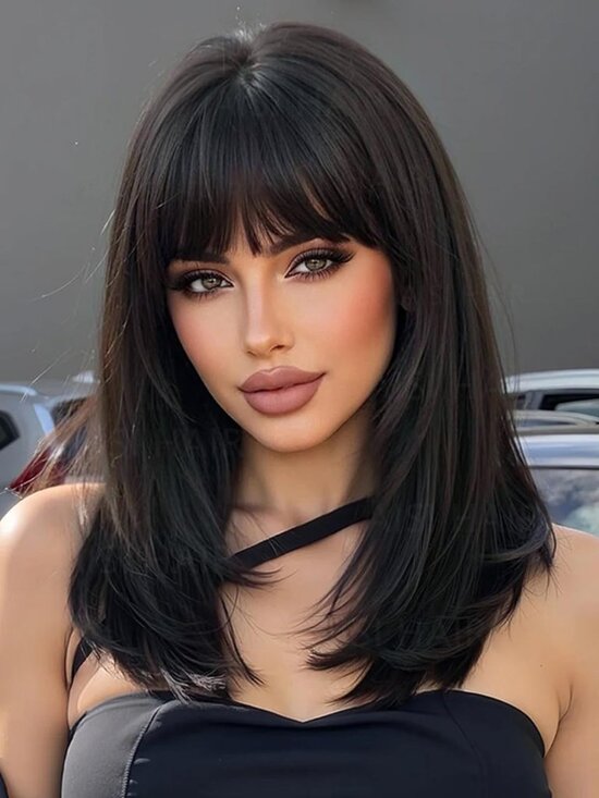 Women\'s Natural Black Heat Resistant Middle Length Natural Layered Straight Wig main image 4